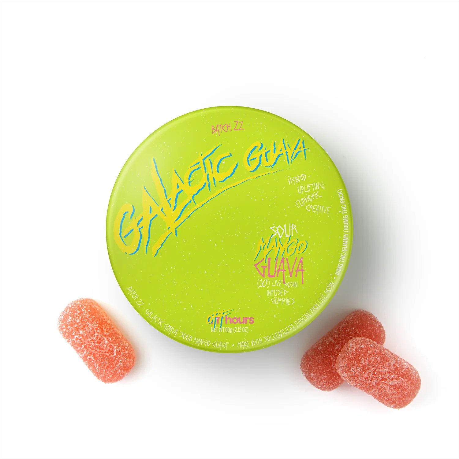 Hybrid
#Edibles by #Off Hours
Sour Mango Guava Live Rosin Gummies | 10mg, 10pk